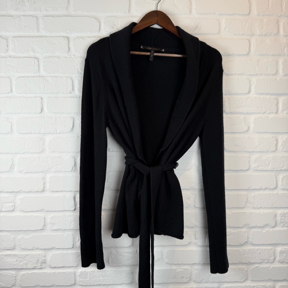 BCBGMAXAZRIA Black Belted Open Front Cardigan Sweater waist tie hip length Large